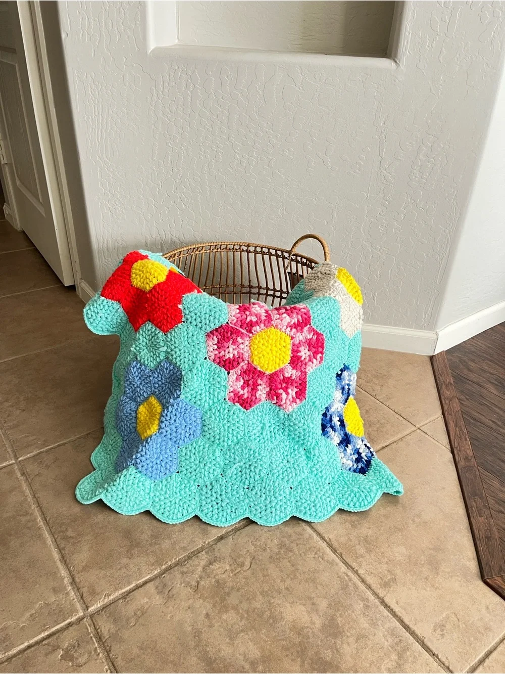 Handmade Granny Square Floral Afghan Knit Blanket Rainbow Teal